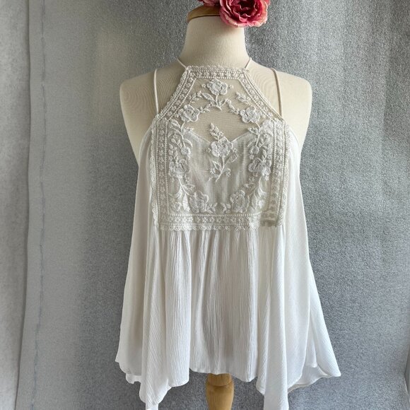 Abercrombie & Fitch White Flowy Spaghetti Strap Halter Embroidery Accent Size M - Picture 1 of 4